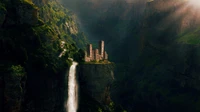 Enchanting Ruins Beneath a Cascading Waterfall in a Lush Green Valley