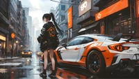 Chica de anime de pie al lado de un elegante coche deportivo en un vibrante paisaje urbano.