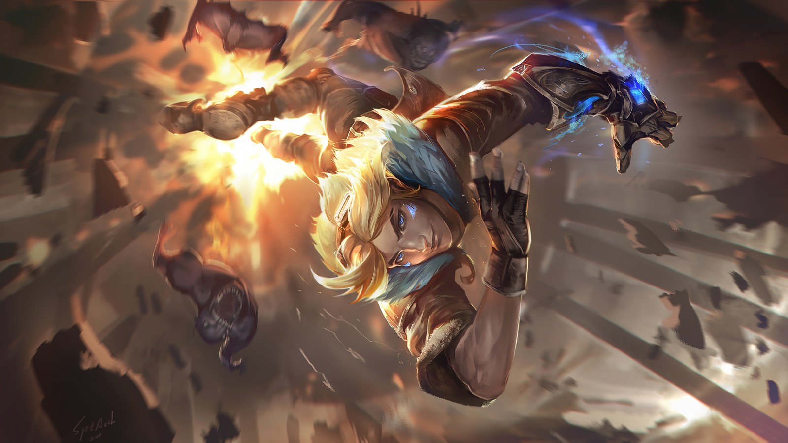 Une femme avec des cheveux bleus et une chemise blanche volant dans les airs (ezreal, league of legends, jeu vidéo, art)