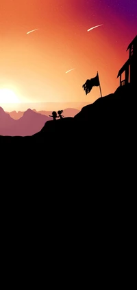 Silhouetted Figures Against a Vibrant Sunset Overlooking Distant Hills