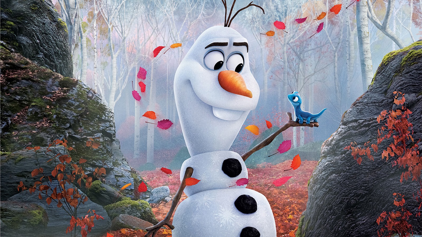 A close up of a snowman with a bird on a branch (olaf, frozen 2, 2019, movie, poster)