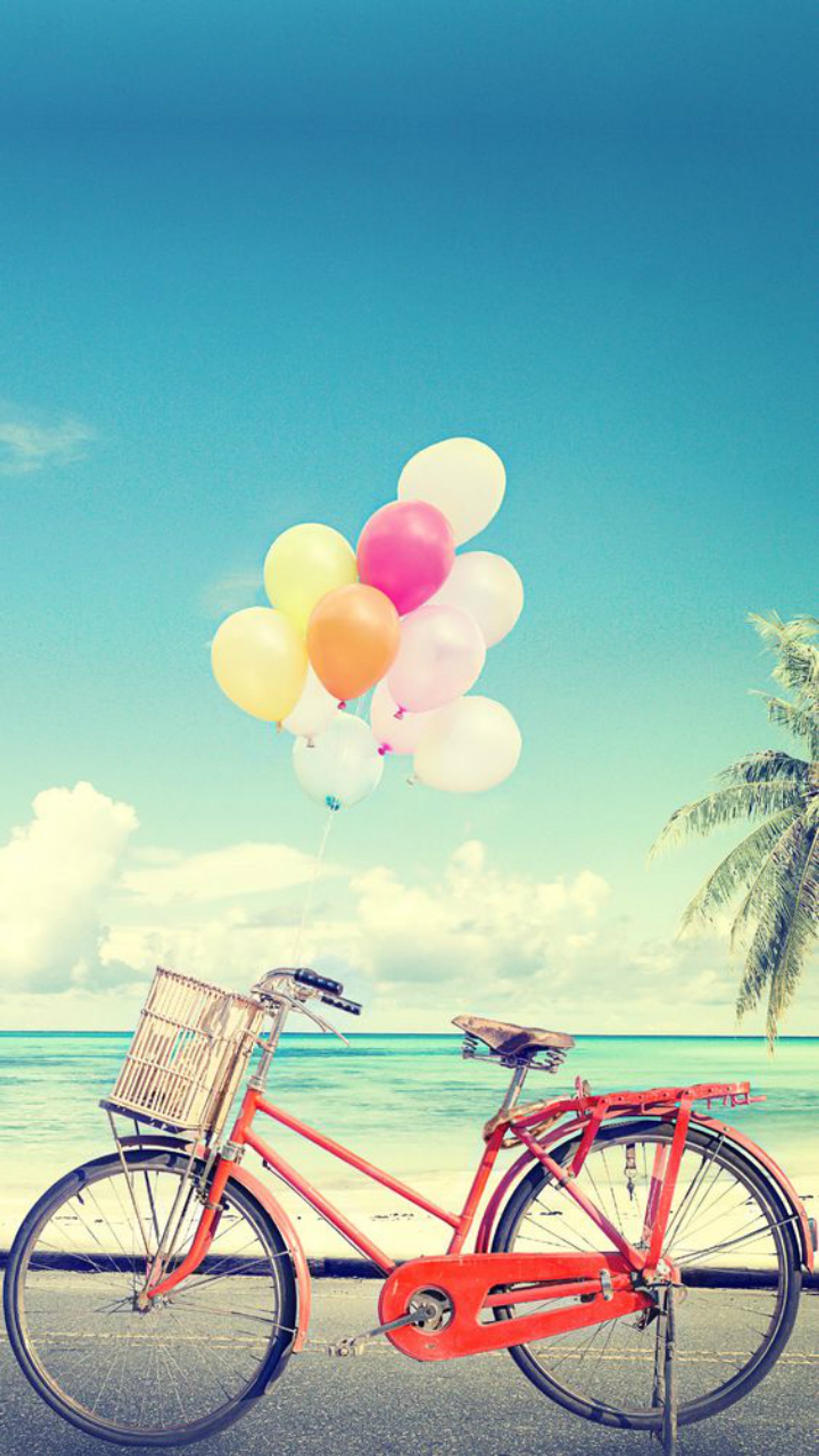 baloons, bicycle, ocean, red wallpaper