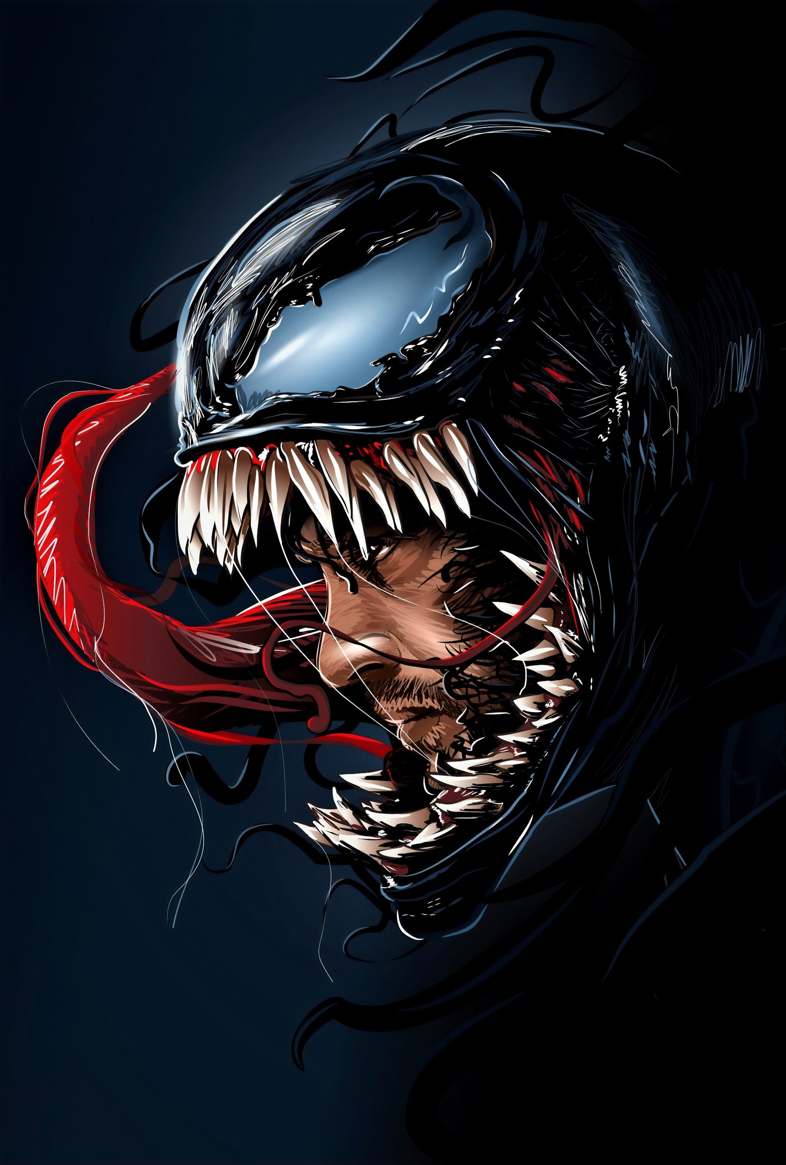 Venom with a red and black mouth and sharp teeth (venom, movie, hd, avengers, spider man)