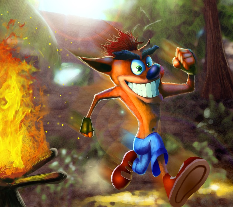 Мультяшное изображение человека, бегущего перед огнем (бандикут, bandicoot, авария, playstation, sony)