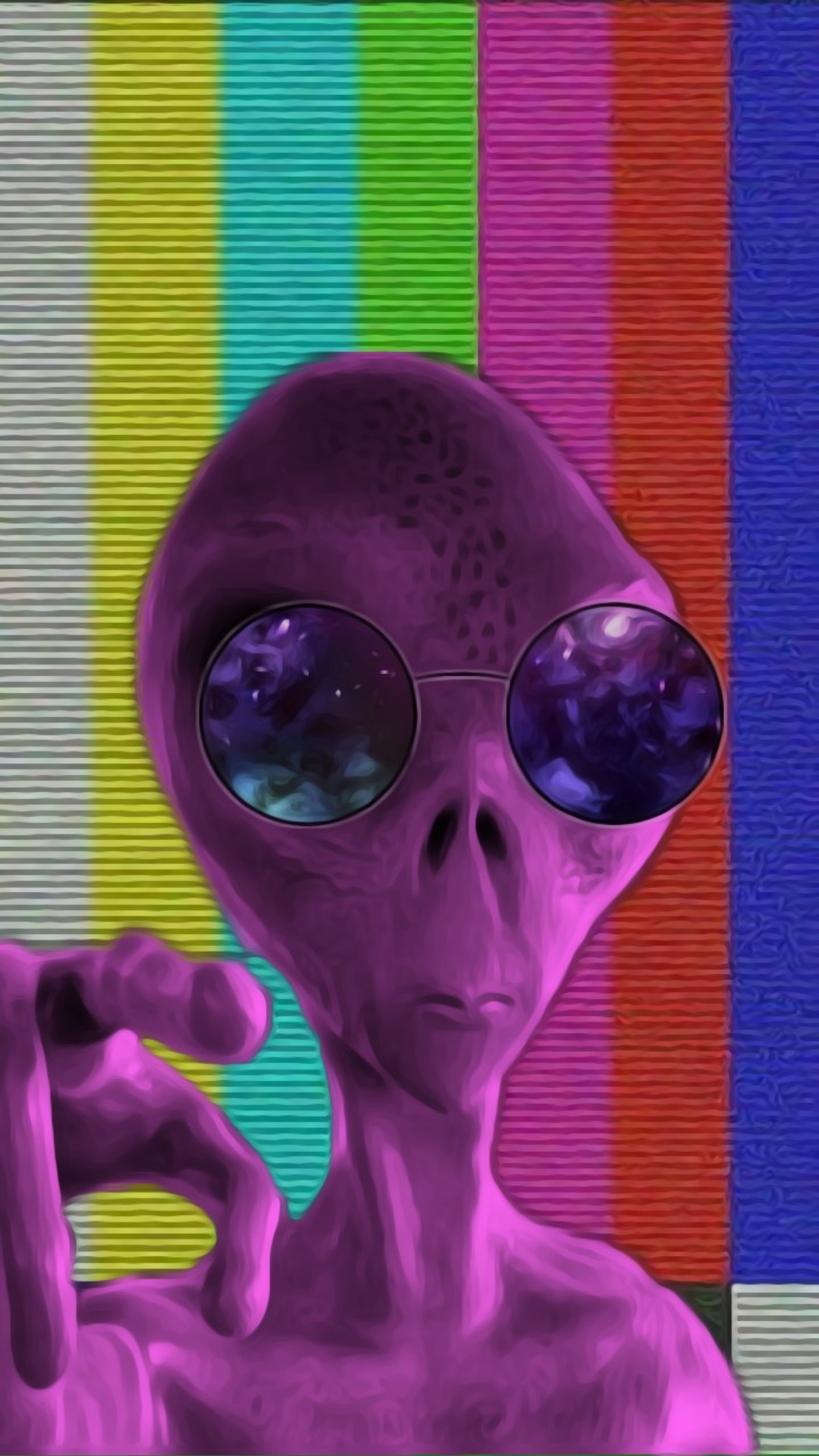 Alien with sunglasses on a television screen with a rainbow background (extraterrestres, ovni, pantalla, prueba, colores)