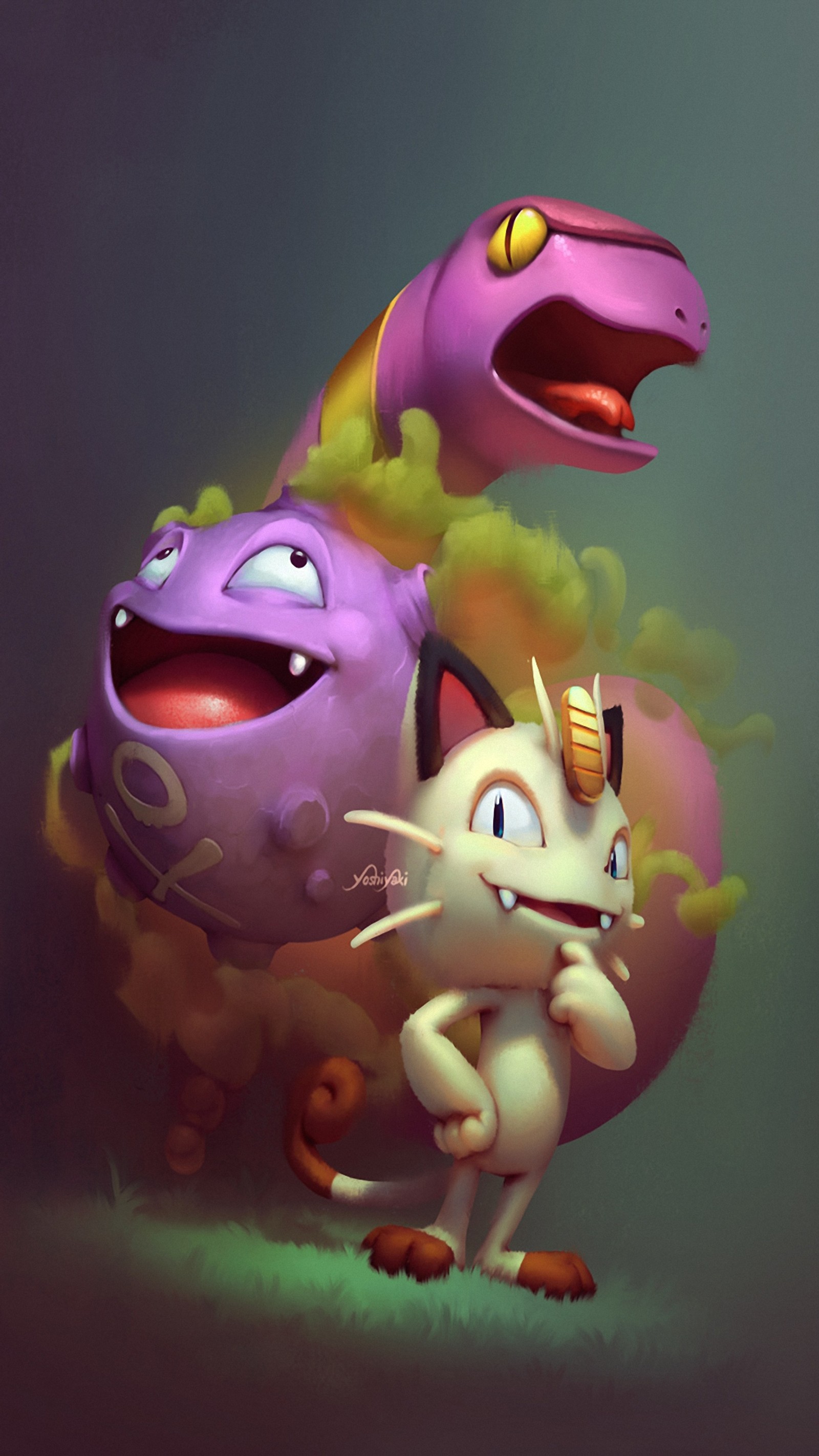 Cartoon character of a cat and a dragon with a dragon head (ekans, koffing, meowth, pokemon, rocket)