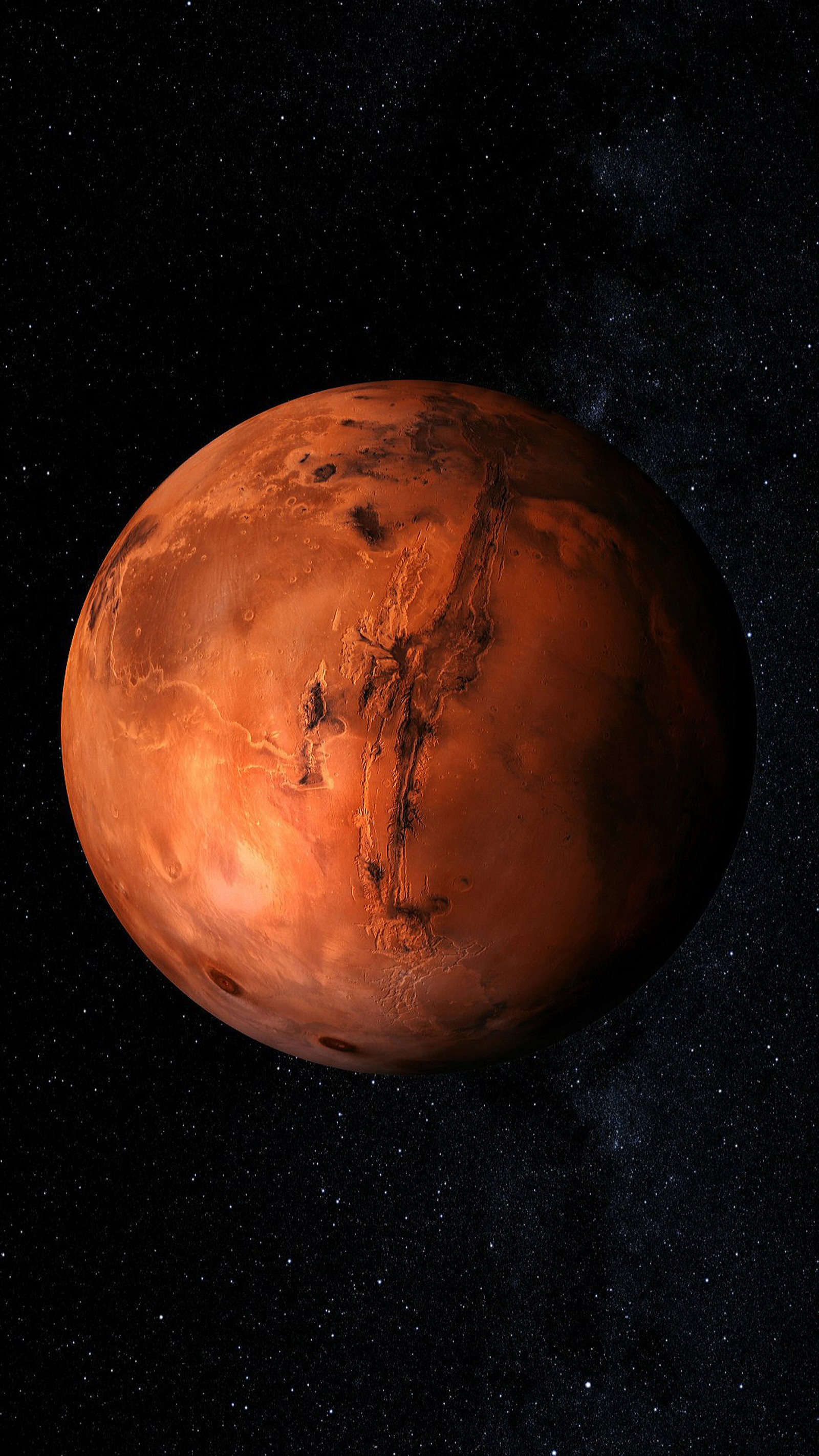 Eine nahaufnahme eines planeten mit einem stern im hintergrund (dunkel, hd, mars, planet, rot)