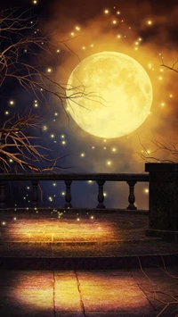 Enchanted Night: Moonlit Balcony with Glowing Orbs