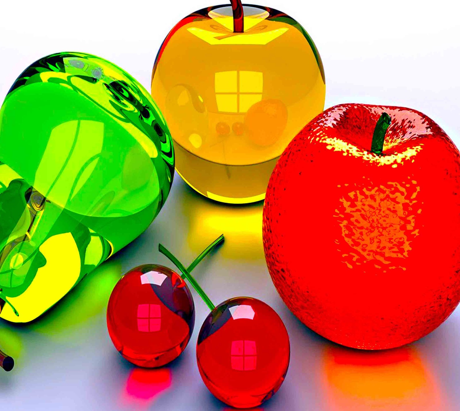 There are three apples and two cherries on a table (crystal, fruit)