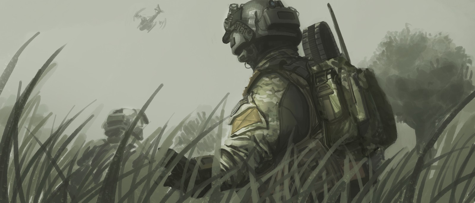 Soldiers in camouflage walking through tall grass with a helicopter in the background (call of duty black ops ii, call of duty 4 modern warfare, soldier, art, call of duty black ops)