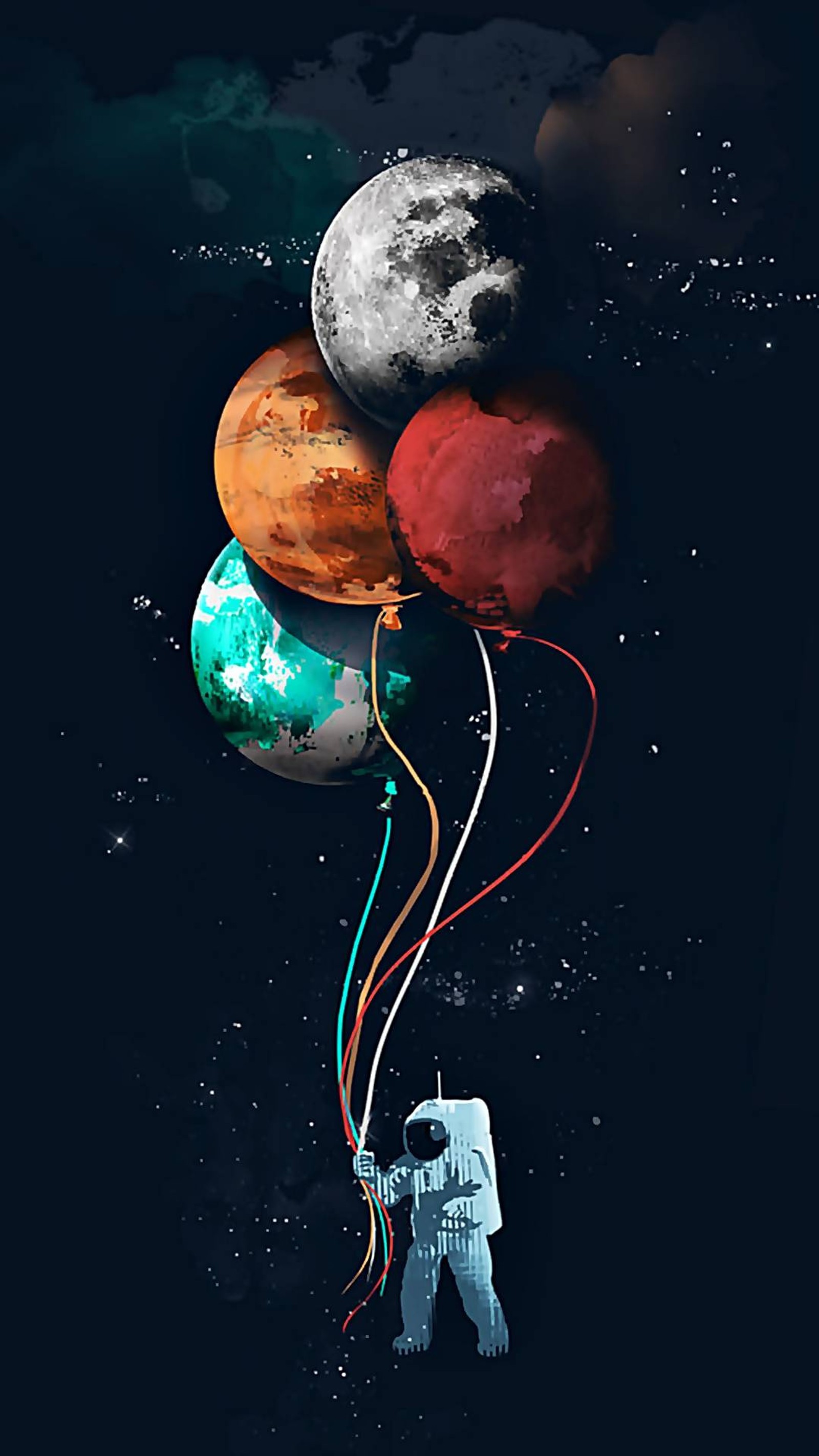 There is a man that is holding some balloons in the sky (space, hot, balloon, galaxy, gezegen)