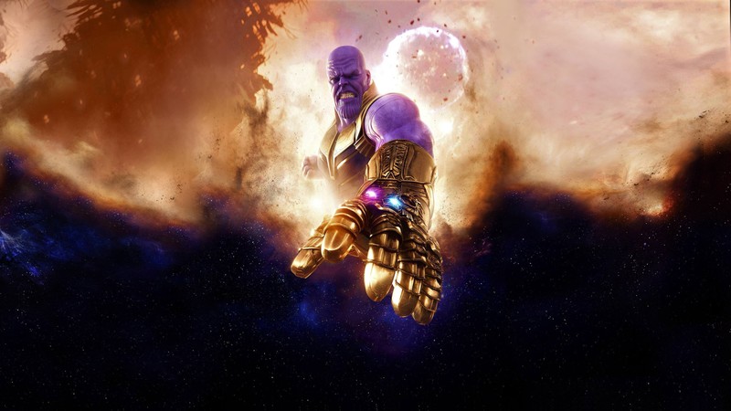 Thanos in der galaxie mit einem leuchtenden heiligenschein (avengers, krieg, eisen, nebulös, raum)