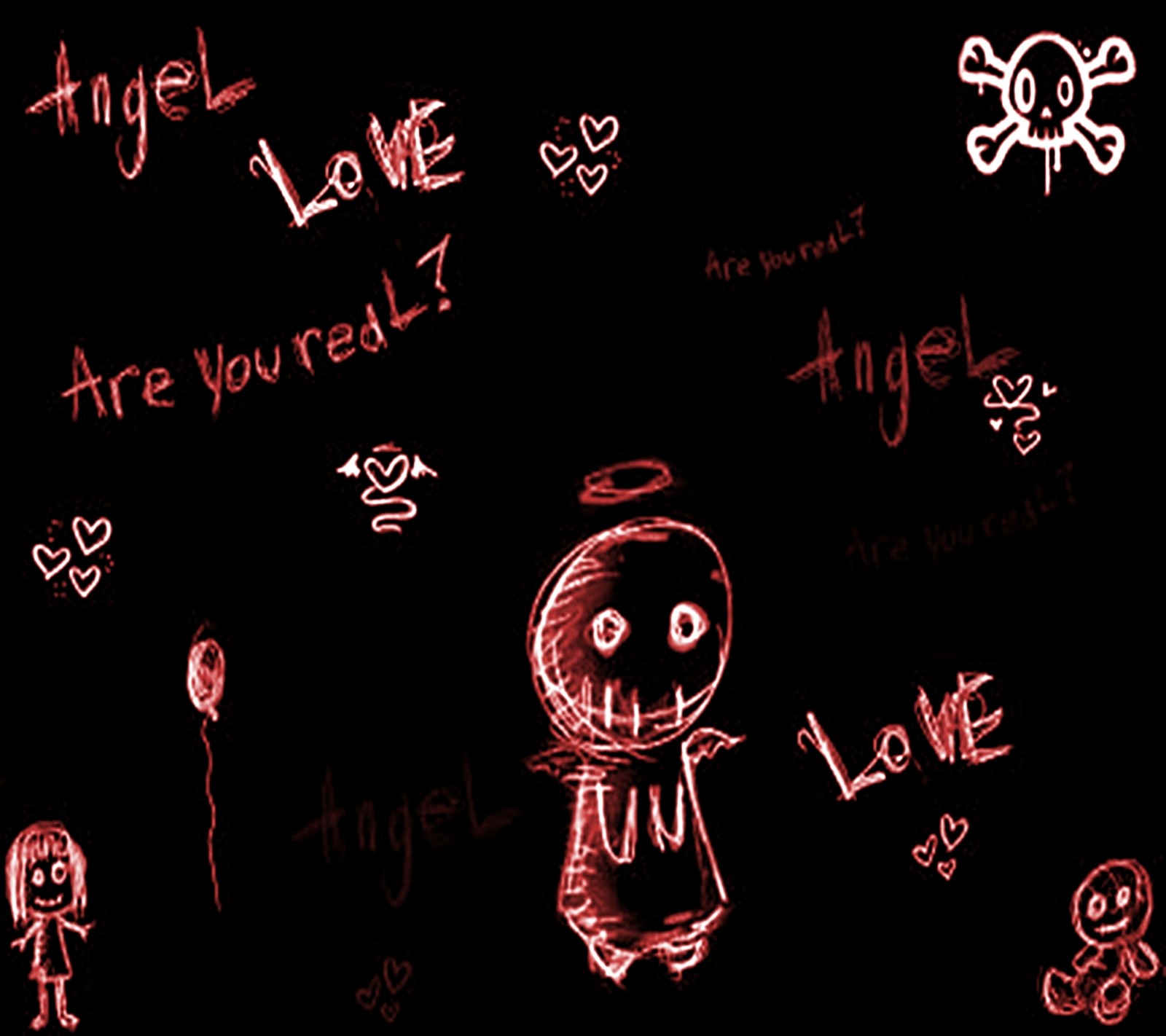 Arafed drawing of a person with a heart and a balloon (angel, dark, doll, drawing, emo)