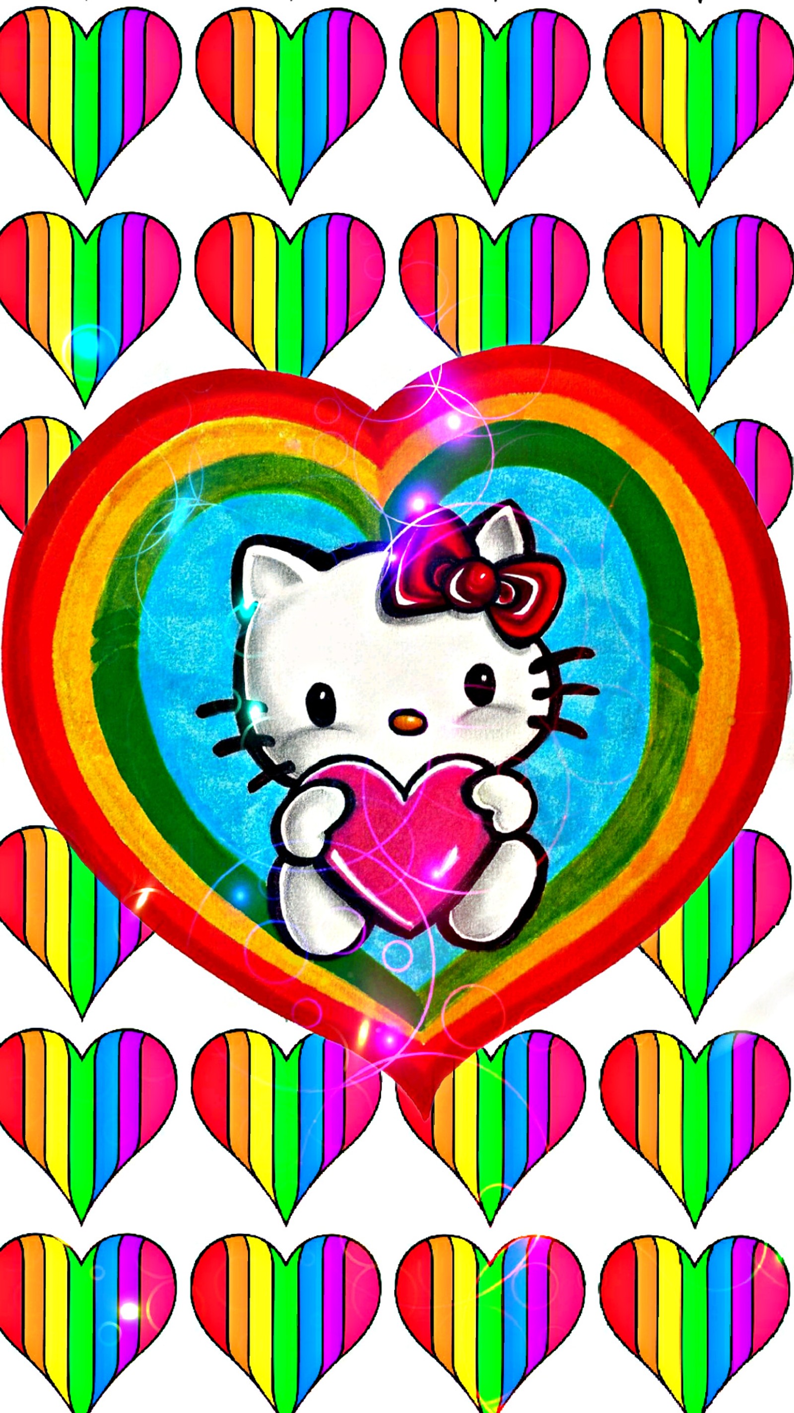 Fondo de corazón arcoíris de hello kitty (colorido, lindo, feliz, corazón, hello kitty)