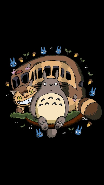 Totoro et Catbus dans une scène fantaisiste entourés d'esprits de la forêt bleus.