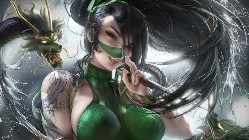 Женщина в зеленом наряде с драконом на плече (акали, akali, league of legends, lol, видеоигра)