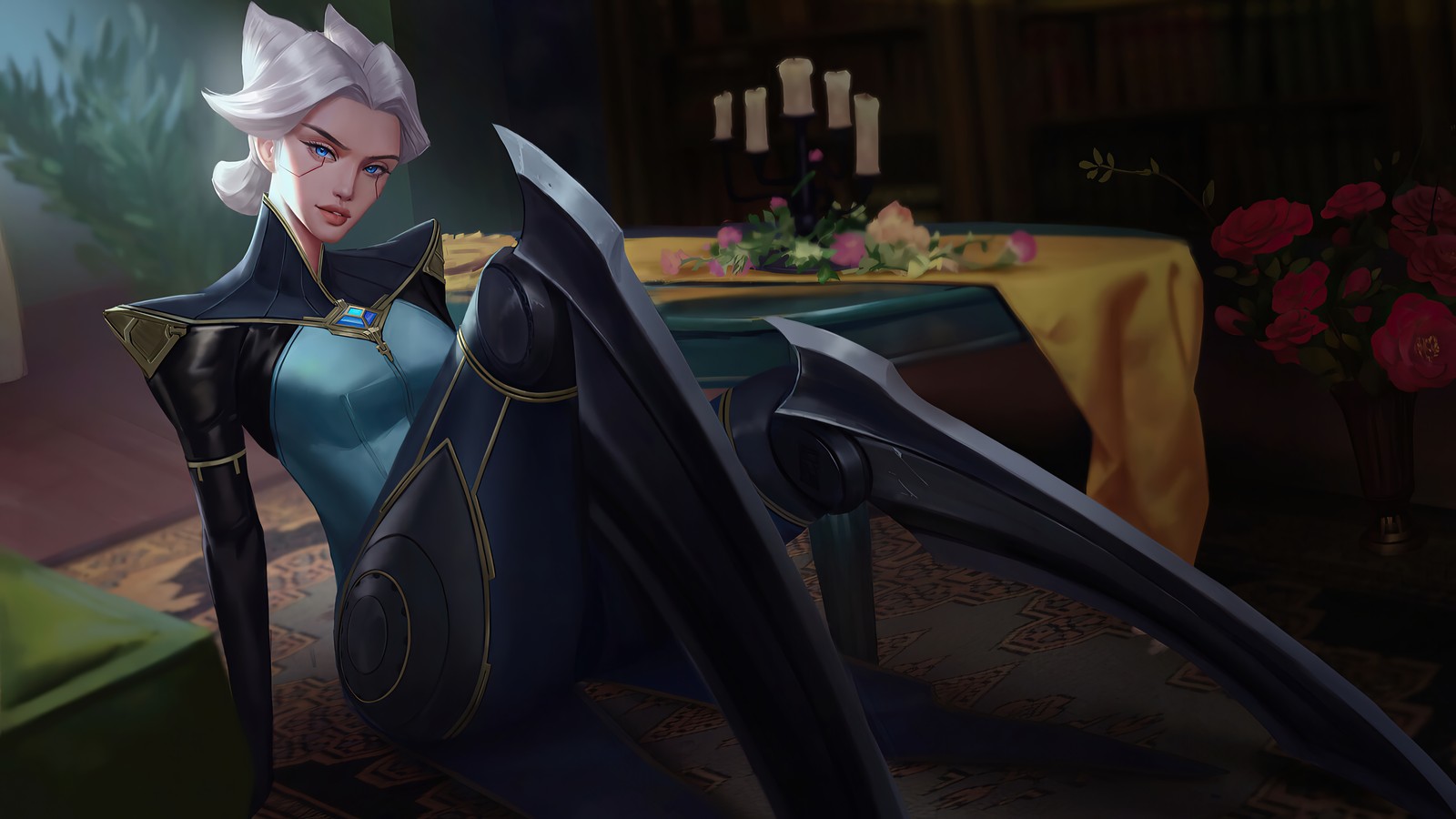 Une femme en robe bleue assise sur une chaise avec une épée (camille, lol, league of legends, jeu vidéo)