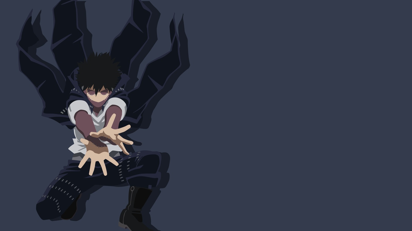 Un homme aux cheveux noirs et à la chemise blanche est assis sur une chaise (dabi, fond gris, minimaliste, my hero academia, simple)