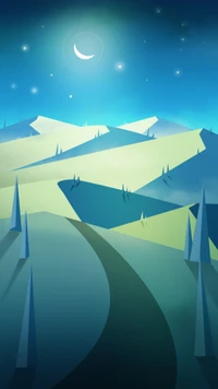 Serene Blue Landscape: A Digital Illustration of Rolling Hills Under a Crescent Moon