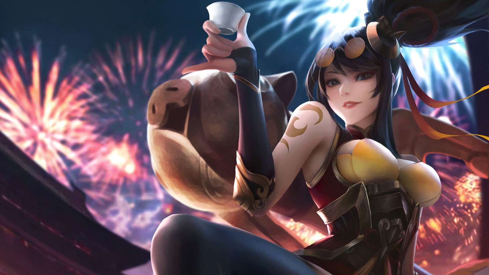 Una mujer en un corsé sosteniendo una taza y un fuego artificial (petardo, vayne, lol, league of legends, videojuego)