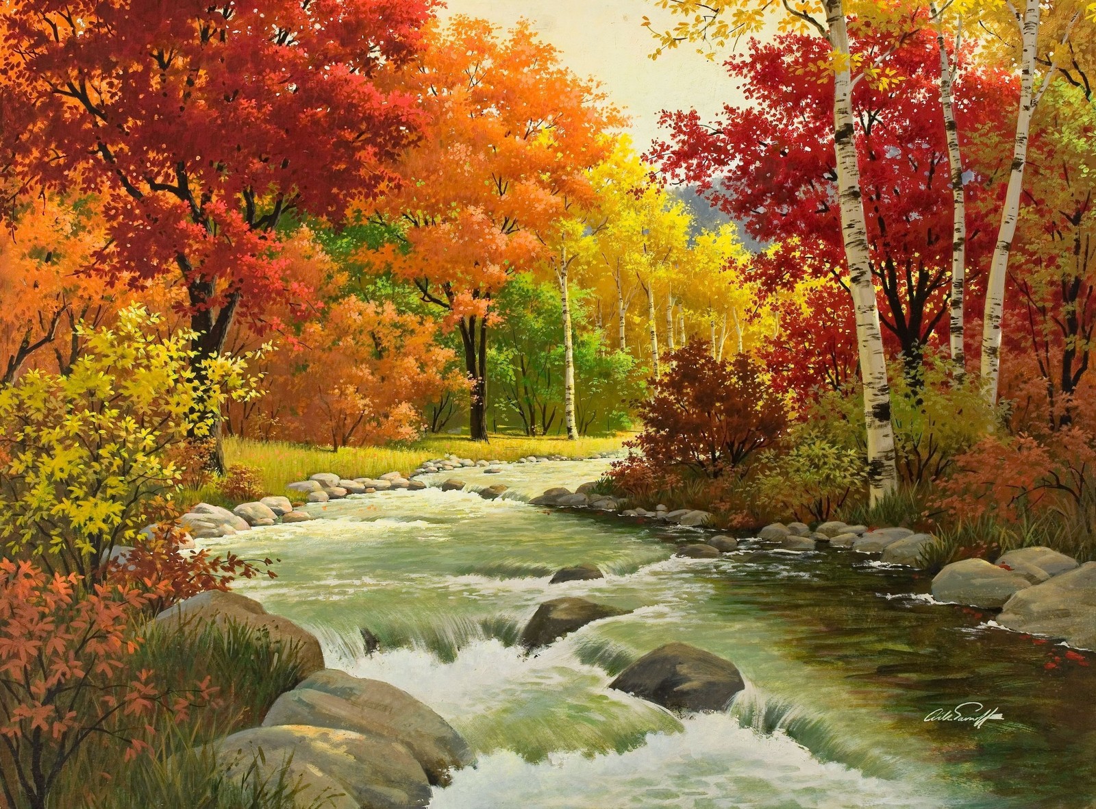 Painting of a stream in a forest with colorful trees and rocks (oil painting, painting, landscape painting, oil paint, art)