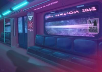 Intérieur de métro cyberpunk : vibrations néon magenta et transport futuriste