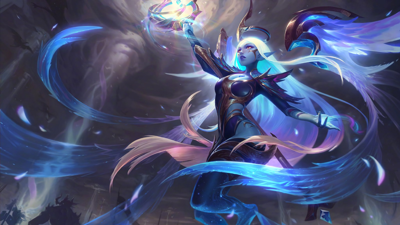 Une femme aux longs cheveux en robe bleue tenant une sphère lumineuse (dawnbringer, soraka, art visuel, lol, league of legends)