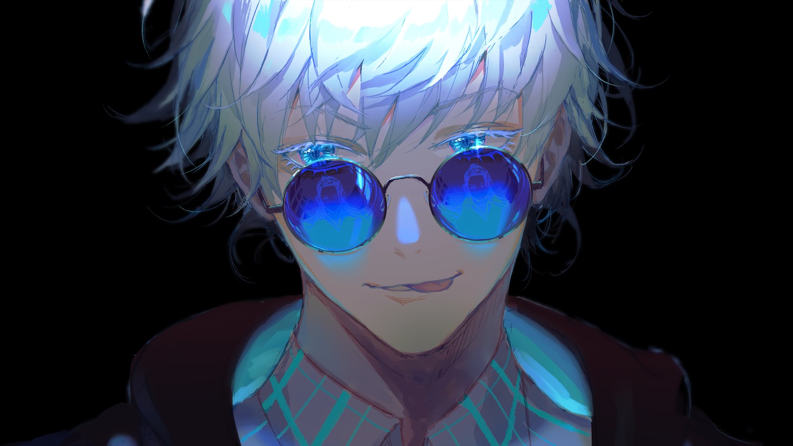 Anime, a man with white hair and blue glasses, wearing a black jacket (satoru gojo, glasses, jujutsu kaisen, sorcery fight, 呪術廻戦)