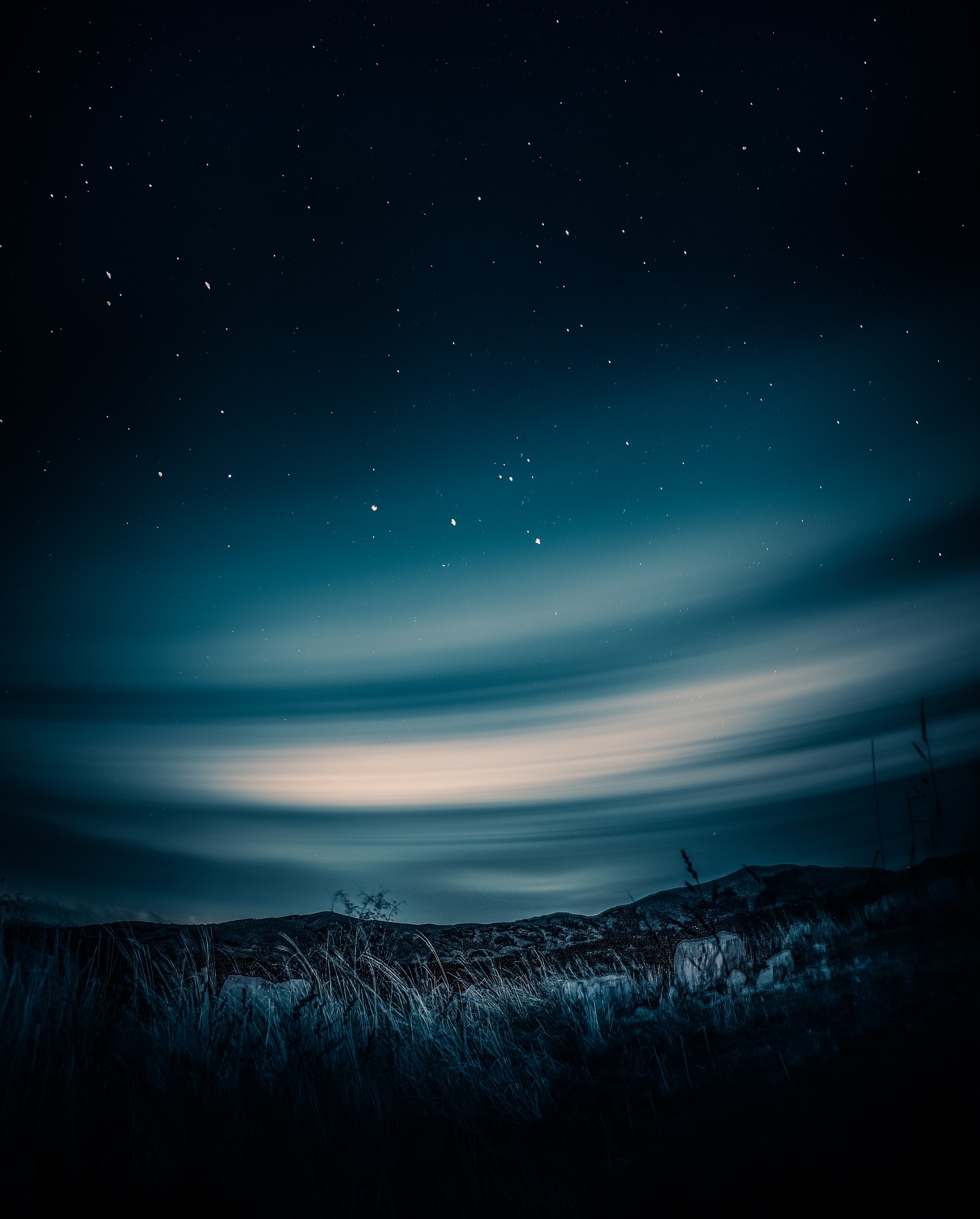 Night sky with stars and clouds over a mountain range (aurora borealis, night sky, stars, landscape, starry sky)