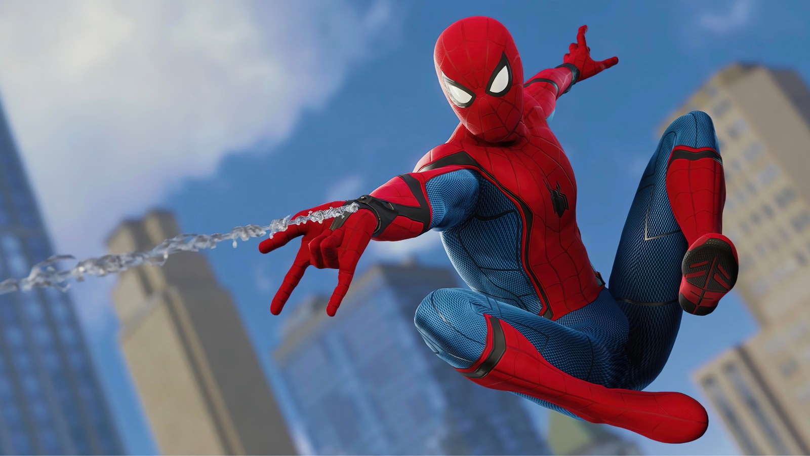 Spider-man en un costume se balance sur une corde (web, tirer, marvels spider man, playstation 4, ps4)