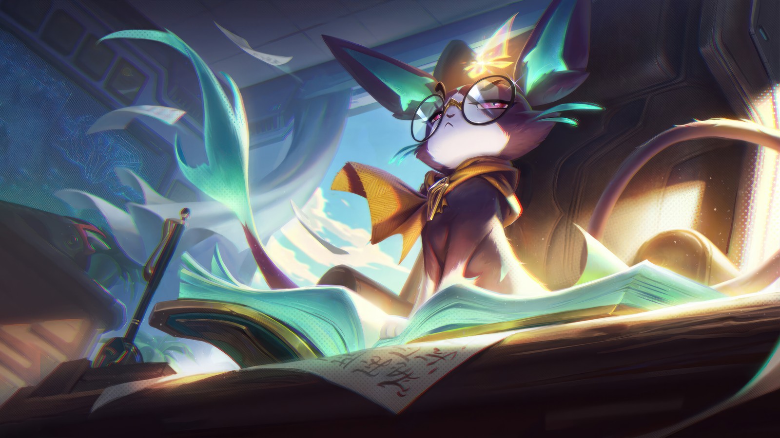 Ein cartoon-bild einer katze mit brille, die ein buch liest (yuumi, battle principal, haut, league of legends, videospiel)