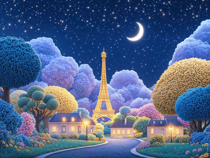 Uma pintura de uma rua com árvores e uma torre ao fundo (torre eiffel, sonhador, estética, céu noturno, lua crescente)