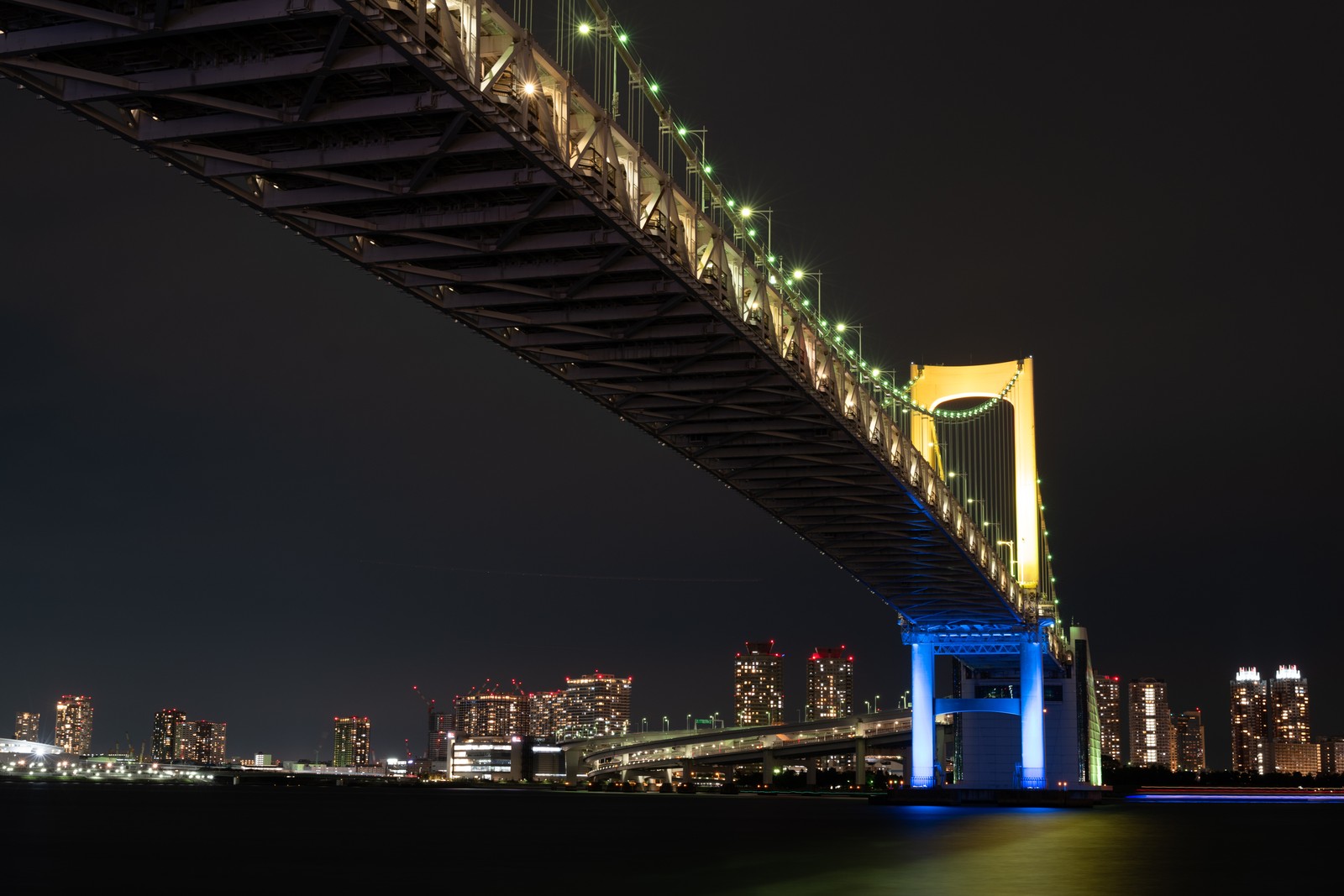 rainbow bridge, bridge, night, landmark, city wallpaper