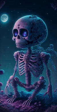 Electric Blue Skeleton Under a Moonlit Sky