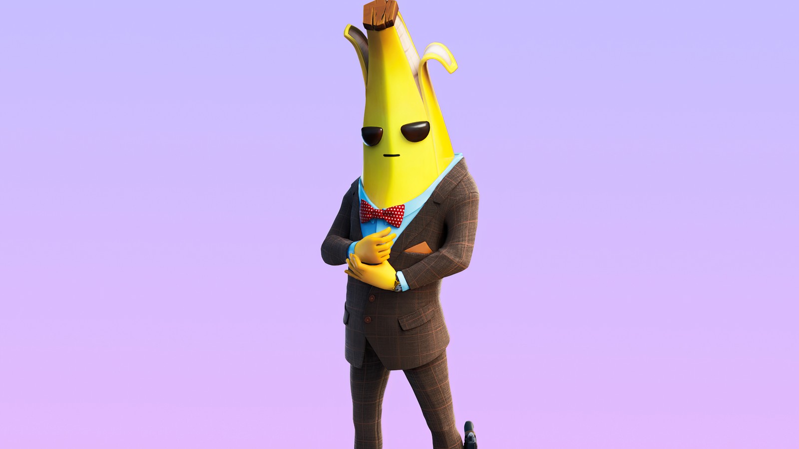 Close-up de uma banana em um terno e gravata (fortnite, jogo de vídeo, fortnite battle royale, agente peely, agent peely)