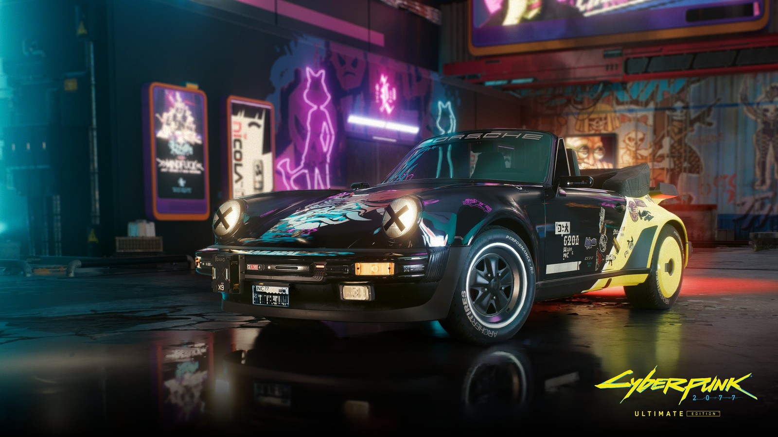 Arafix est une voiture avec un panneau néon sur le côté (porsche 911 turbo cabriolet, cyberpunk 2077, rétro, voitures classiques, jeux)