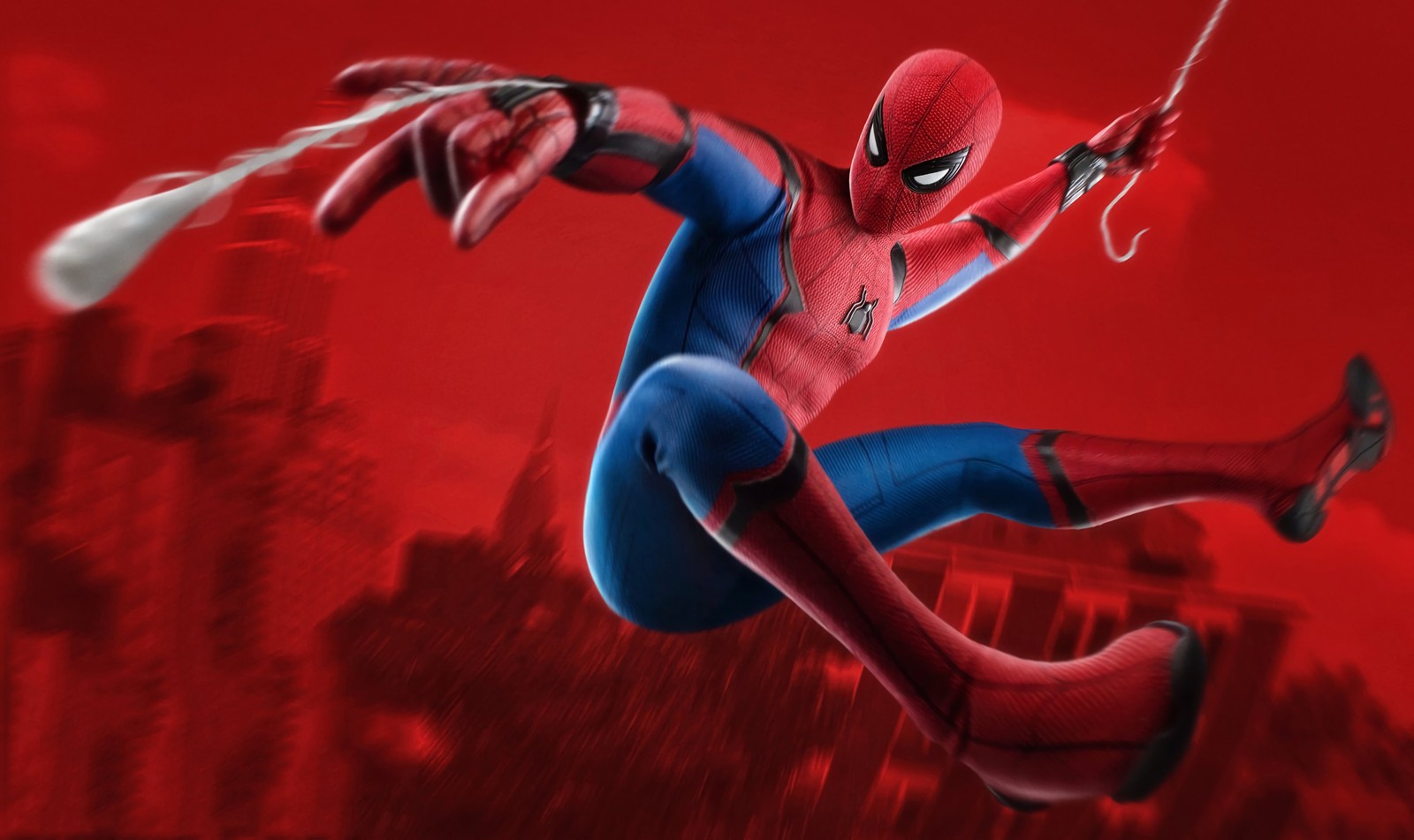 Homme araignée en costume rouge volant dans les airs (spider man, super héros marvel, marvel superheroes, marvel comics, spiderman)