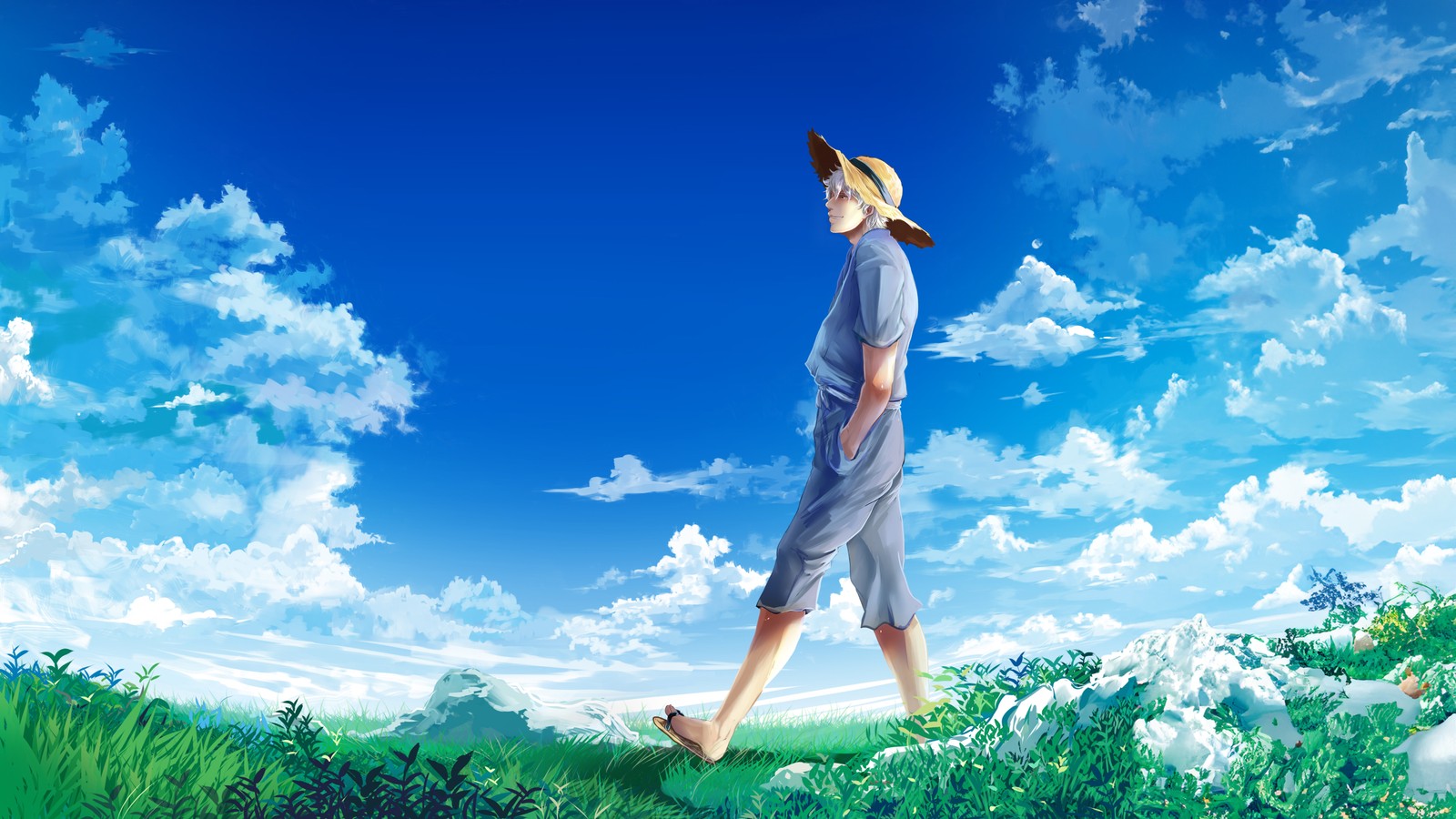 Anime, un niño caminando por un campo de hierba con un cielo azul de fondo (gintoki sakata, estado de ánimo feliz, gintama, 5k, anime)