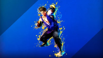 Luke aus Street Fighter 6 in einer Actionpose vor einem lebhaften blauen Hintergrund.