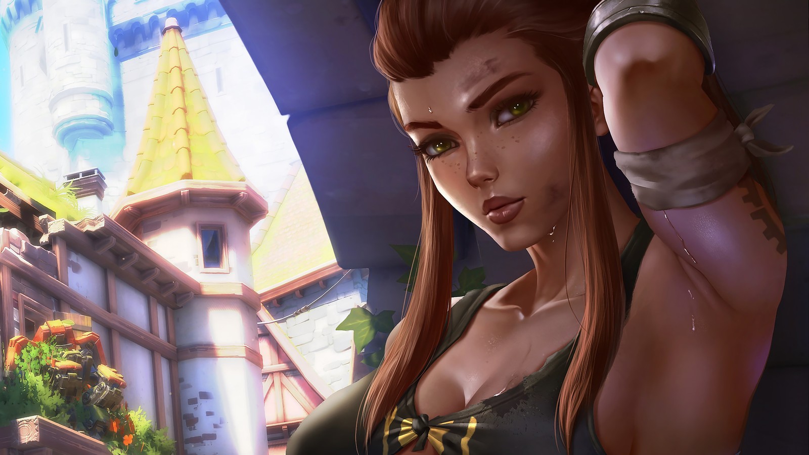 Une femme avec de longs cheveux et un haut vert se tient devant un bâtiment (brigitte, overwatch, jeu vidéo)