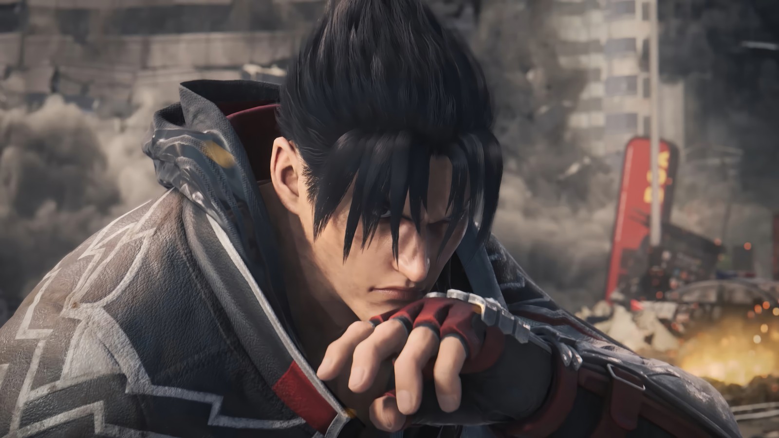 Un homme avec des cheveux noirs et un gant rouge à la main (jin kazama, tekken 8, jeu vidéo)