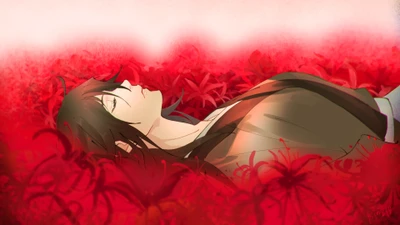 Hyakkimaru in a field of red flowers, embodying tranquility and introspection.