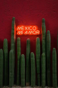 Des saguaros verts vibrants contre un mur rouge audacieux avec le néon 'Mexique, mon amour