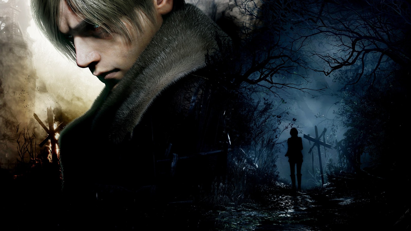 Аэроснимок мужчины, стоящего в темном лесу (обитель зла 4, resident evil 4, арт игры, игры на выживание, игры ужасов)