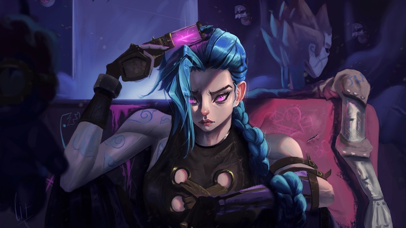 Женщина с голубыми волосами, сидящая на диване (джинкс, jinx, тайный, arcane, сериал)