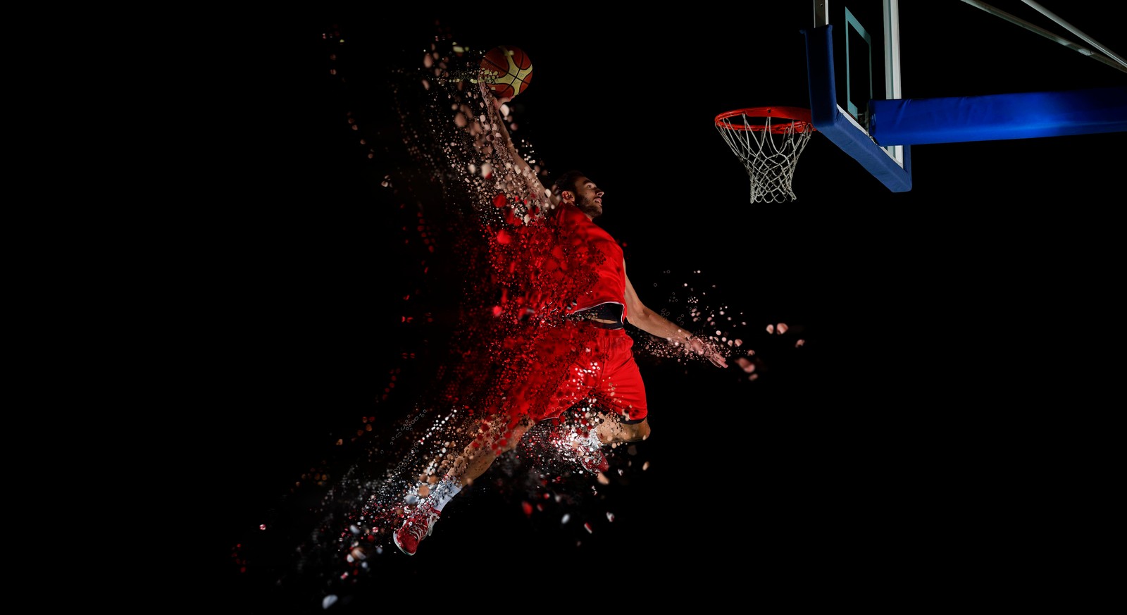 Arafed shot of a basketball player jumping to dunk the ball (basketball, slam dunk, basketball player, basketball moves, red)