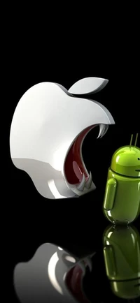 Android Character Eating an Apple Logo