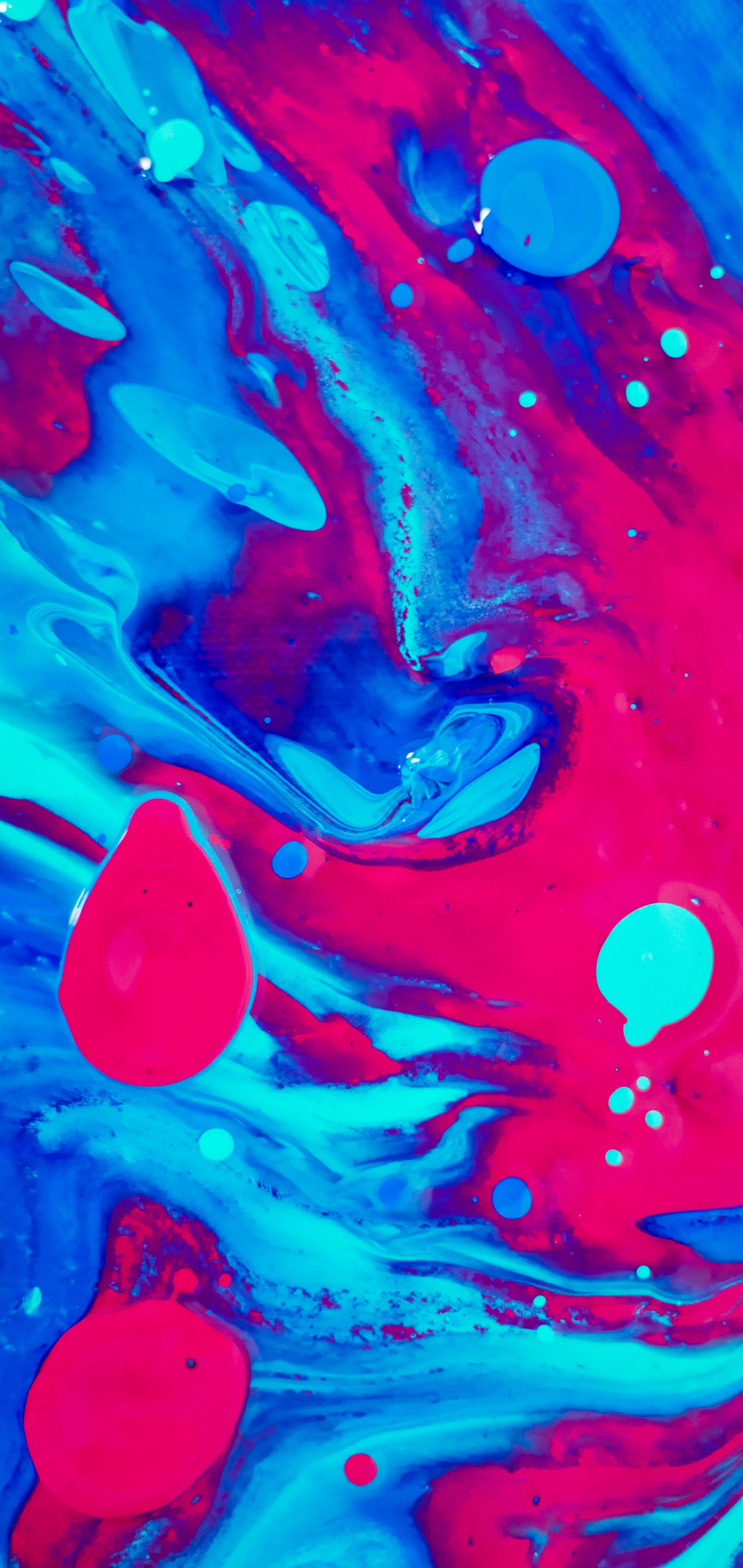 A close up of a red and blue painting with bubbles (album, liquid, blue, art paint, azure)