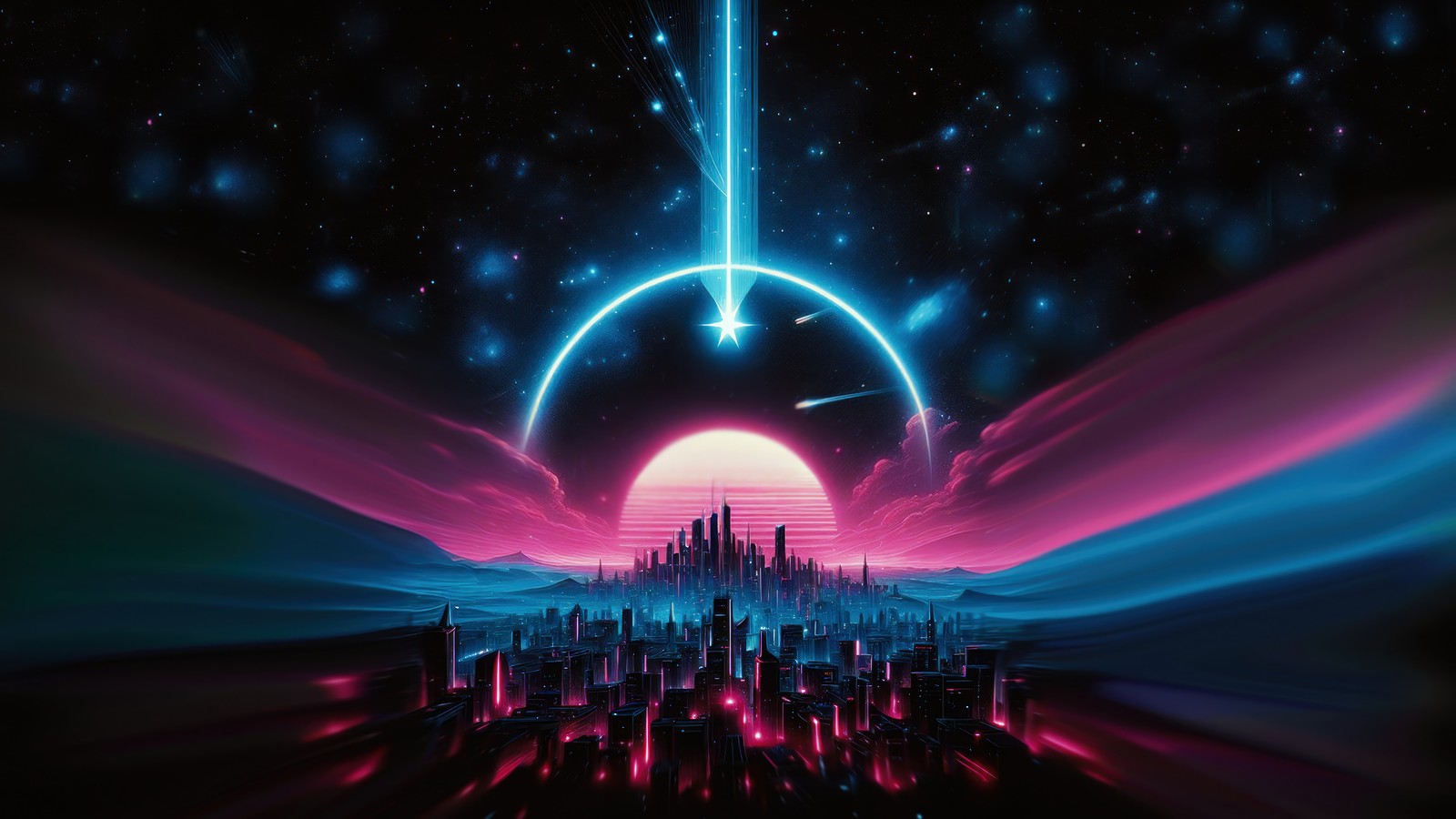 A futuristic city with a neon light in the middle of it (city, retrowave, synthwave, digital art)