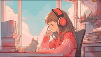 Fille anime contemplative avec un chat dans un cadre fantastique cosy et lofi